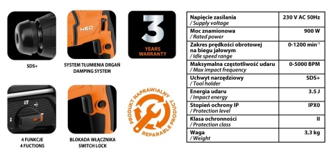 Młotowiertarka 900W 230V SDS+ 3,5J Młotowiertarka 900W 230V SDS+ 3,5J